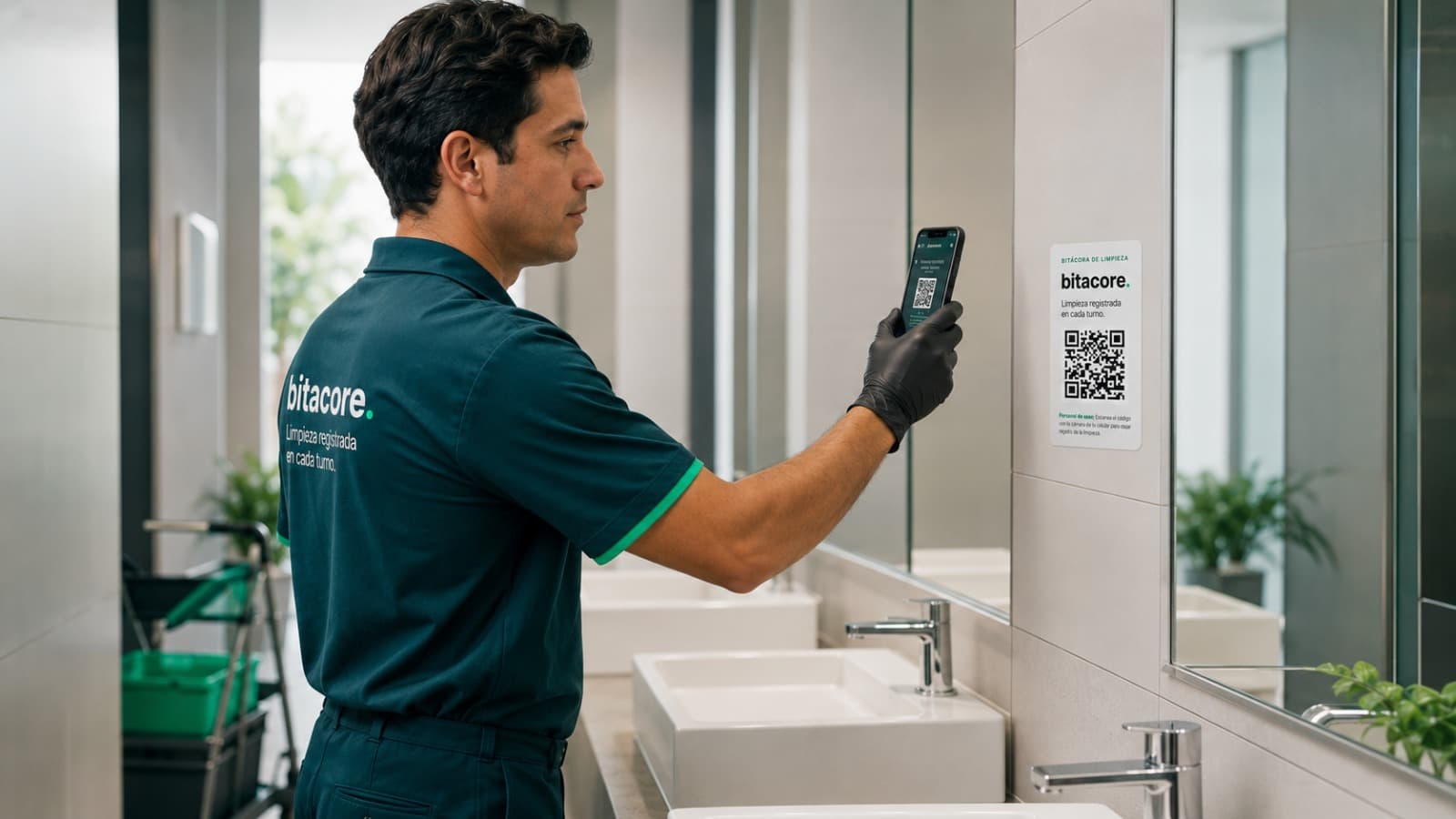 Operario escaneando el QR de Bitacore en el baño