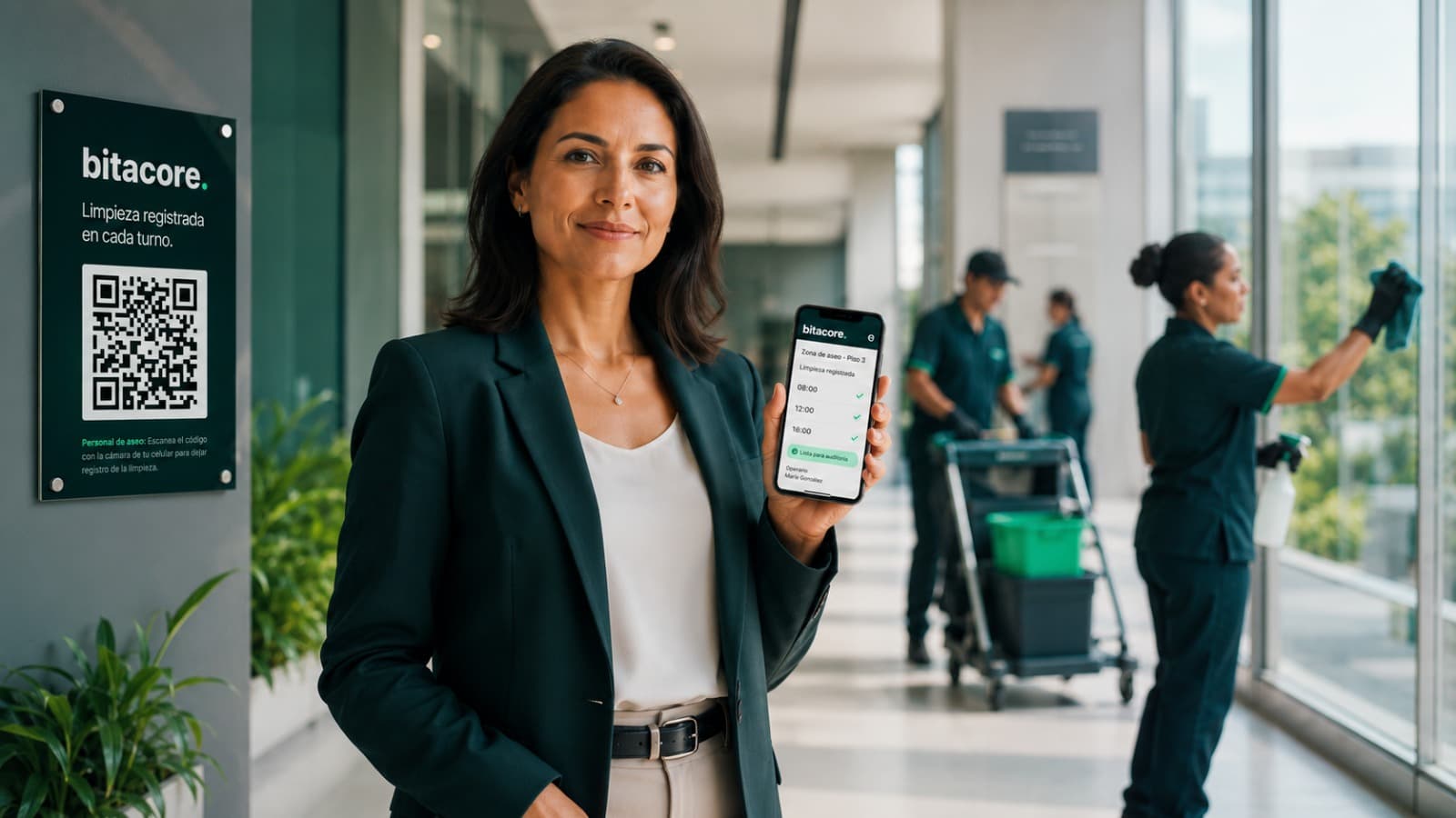 Supervisora mostrando Bitacore mientras su equipo trabaja al fondo